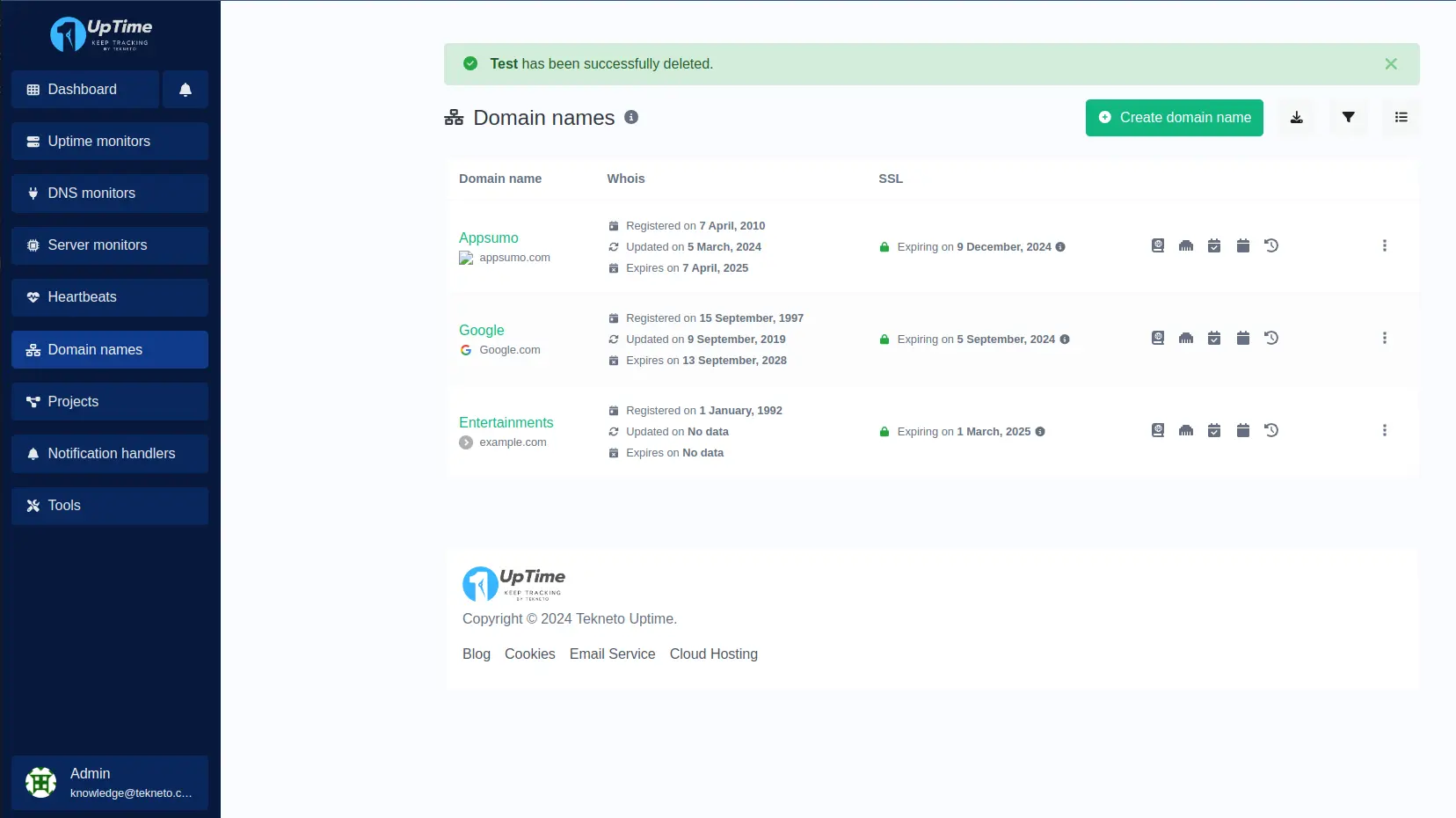 Screenshot of the app domain names list page